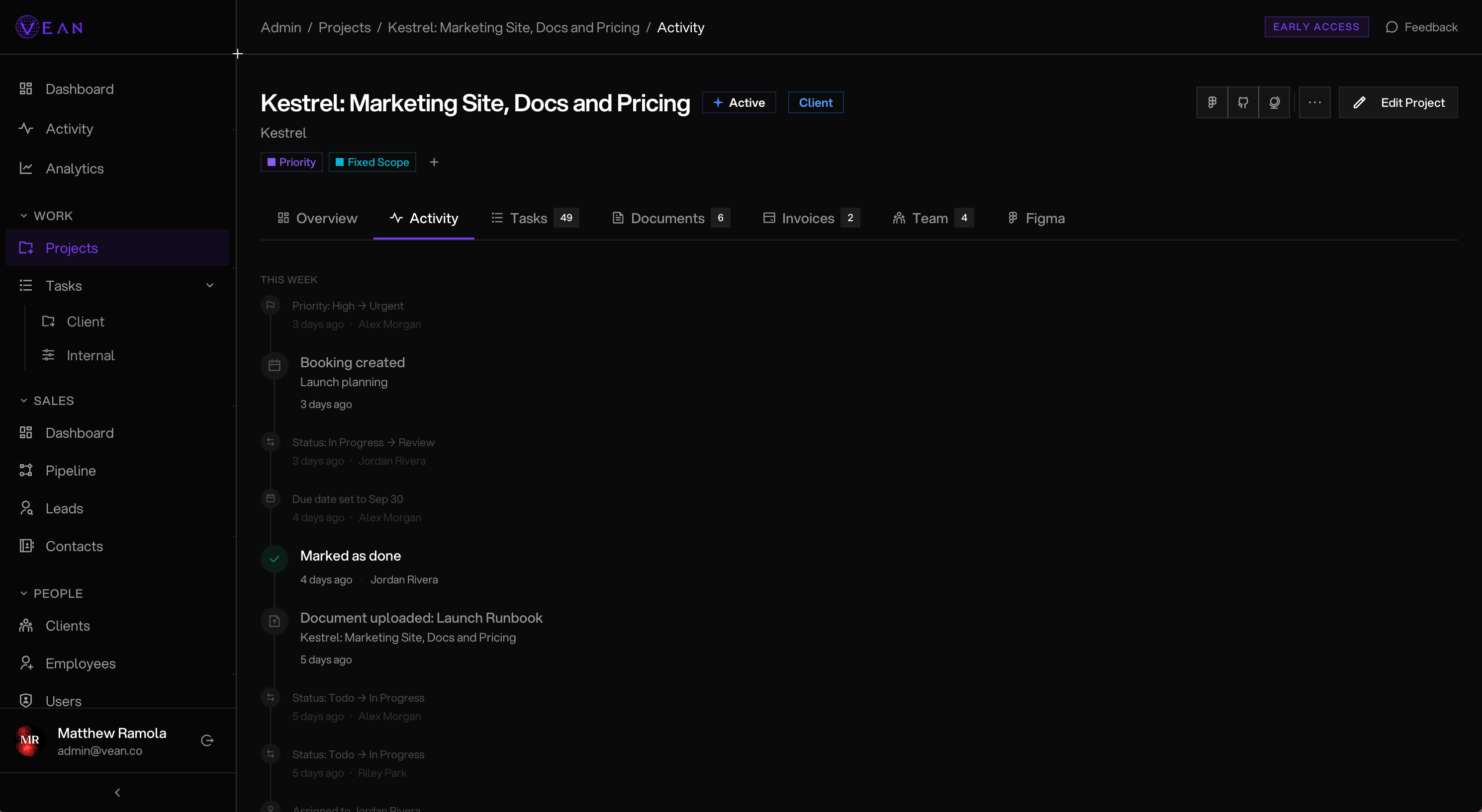 The Vean client portal — a timestamped activity feed of bookings, status changes and document uploads