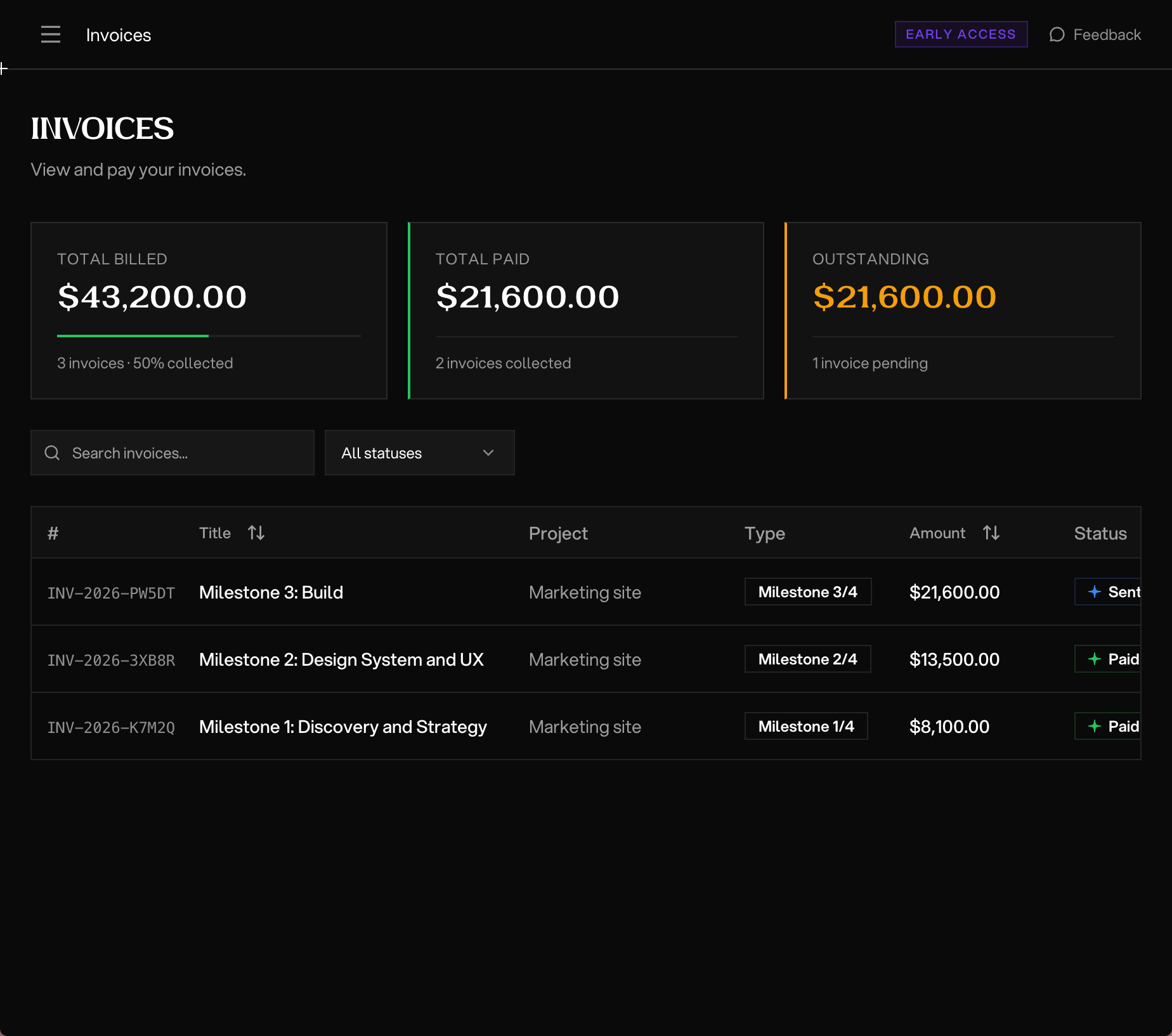 The Vean client portal — invoices with totals billed, paid and outstanding, and a milestone invoice ready to pay