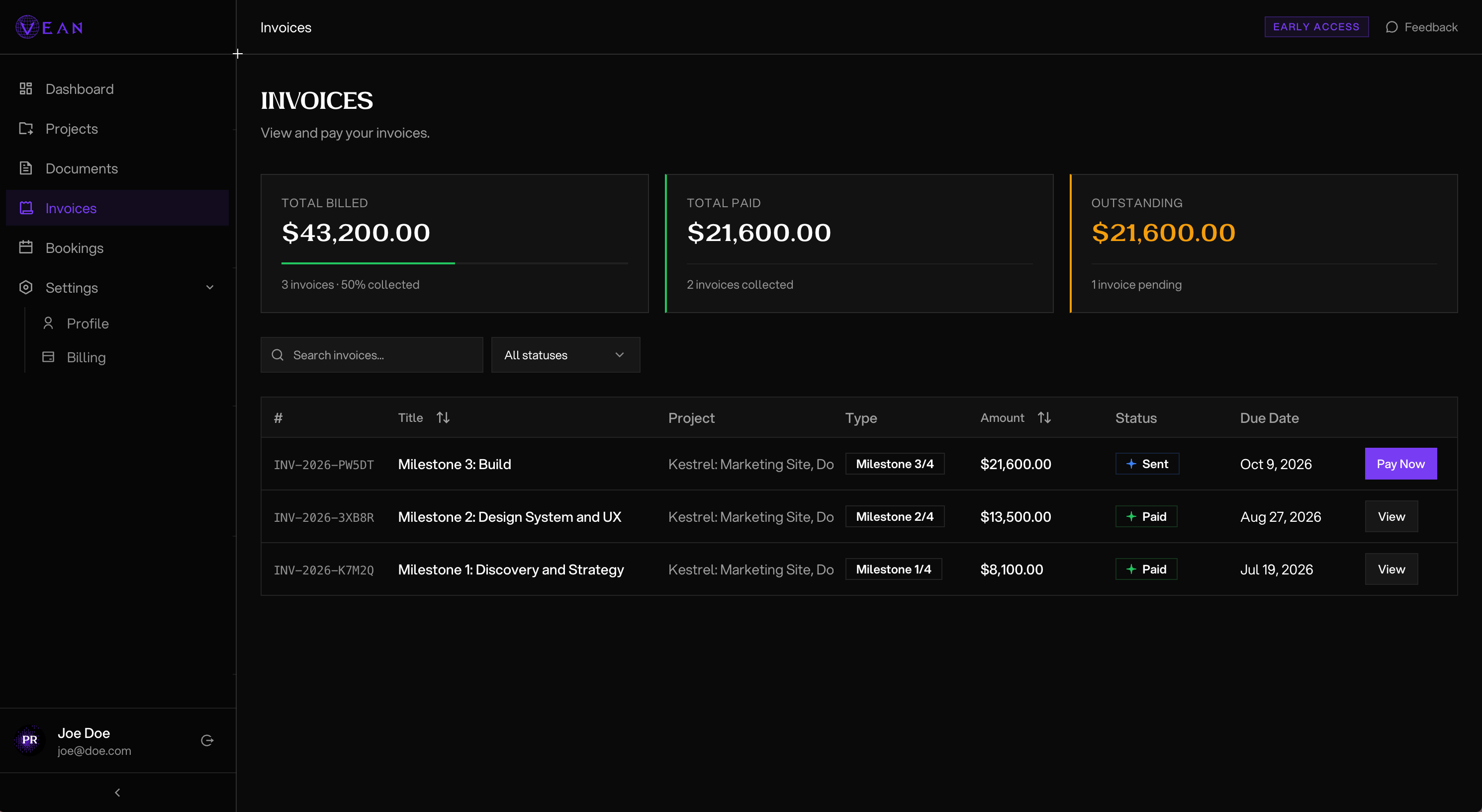 The Vean client portal — invoices with totals billed, paid and outstanding, and a milestone invoice ready to pay
