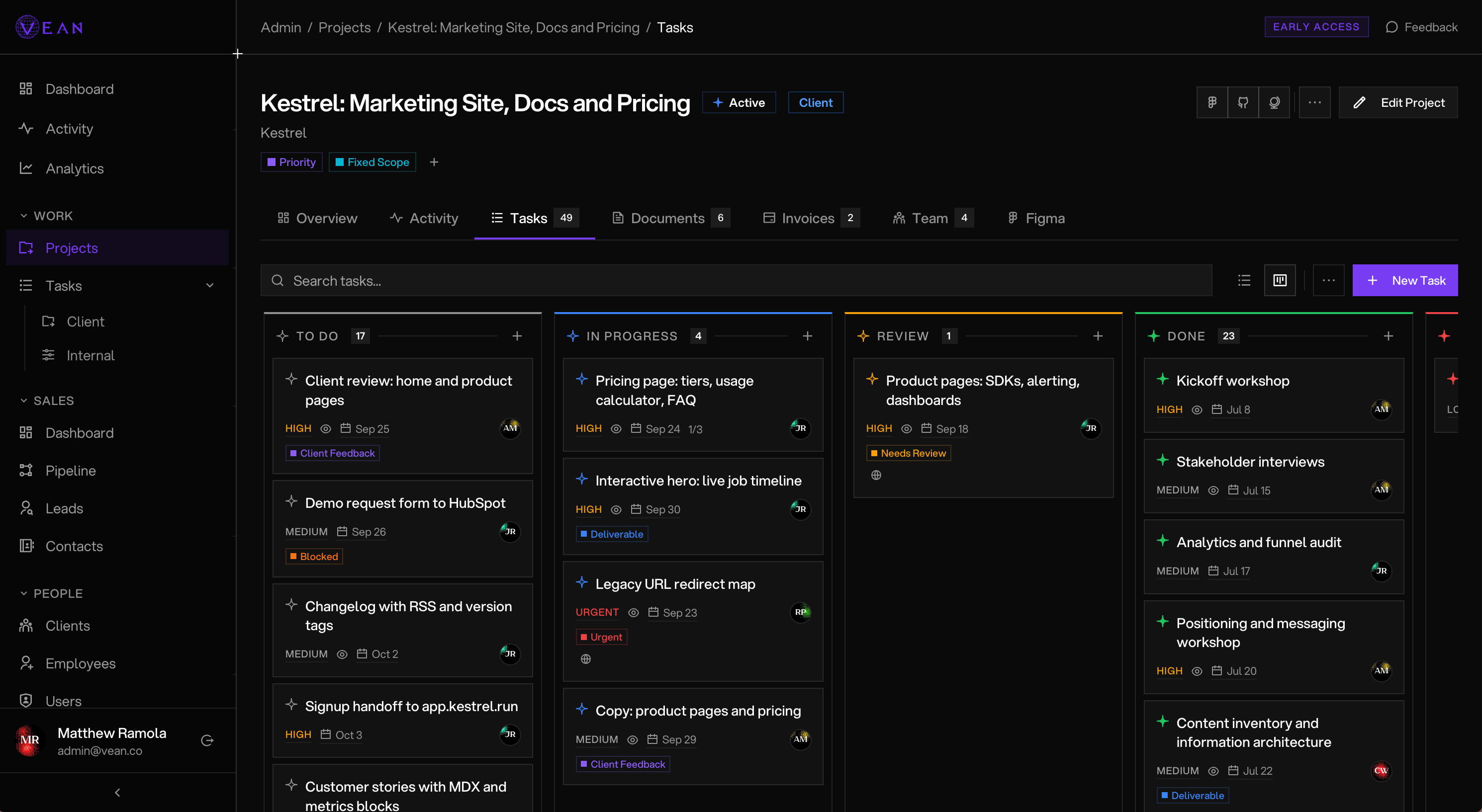 The Vean client portal — a live task board for a marketing site build, columns for to do, in progress, review and done